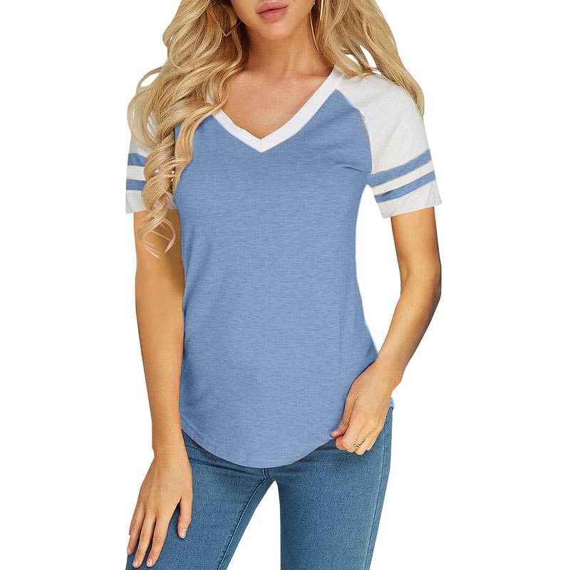 Womens Summer Casual Baseball Raglan Color Block T Shirts V neck Tops