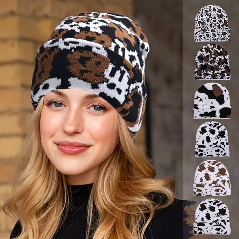 Unisex Cow Print & Leopard Print Knit Warm Hat