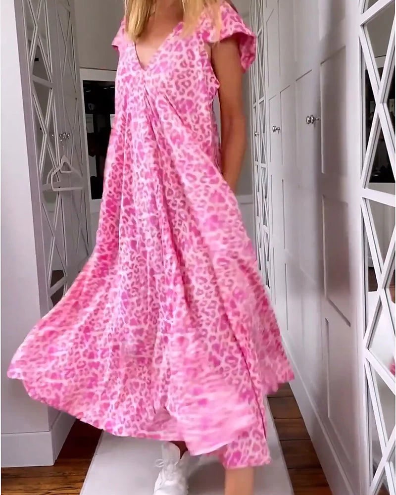 Long V-Neck Dress With Short Sleeves