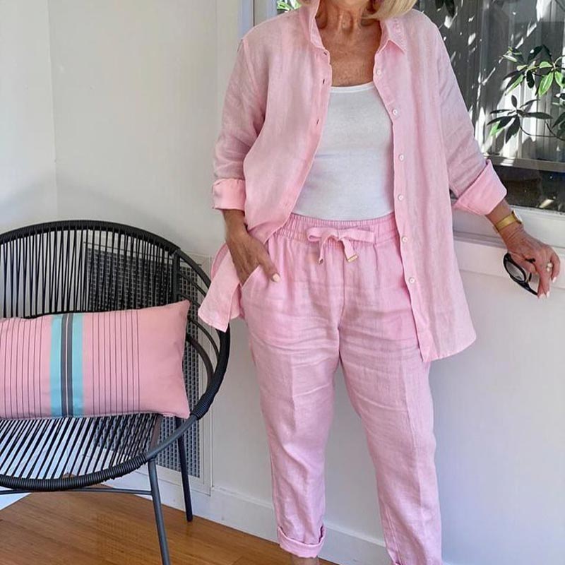 Women's Cotton Linen Long Sleeve Blouse And Pants Set