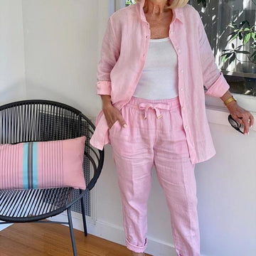 Women's Cotton Linen Long Sleeve Blouse And Pants Set
