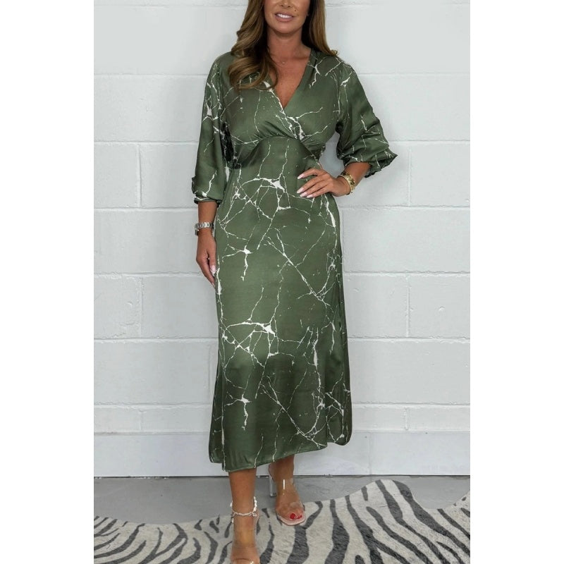 V-Neck Long Sleeve Midi Dress