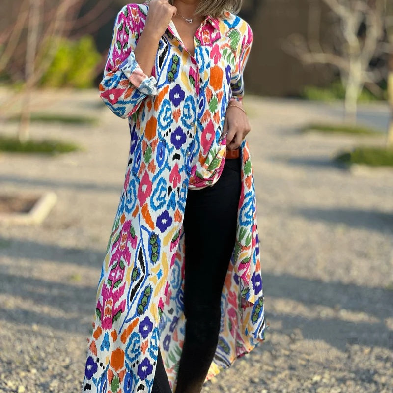 Women’s Lapel Long Sleeve Floral Dress