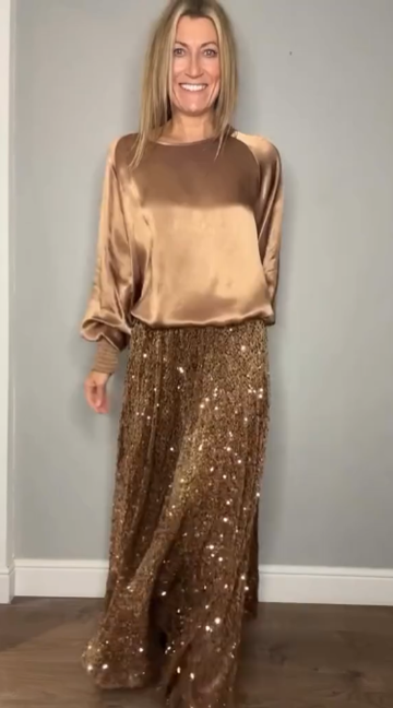 Women's Long Sleeve Top & Sequin Maxi Skirt Two-Piece Set