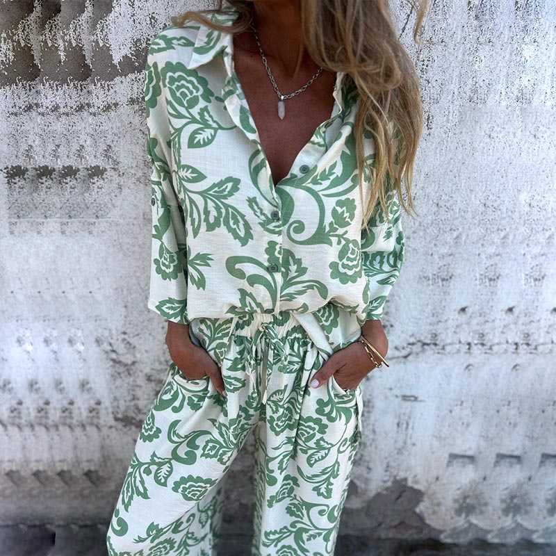 Women’s Stylish Print Lapel Button Shirt and Wide-leg Pants (2-piece Set)