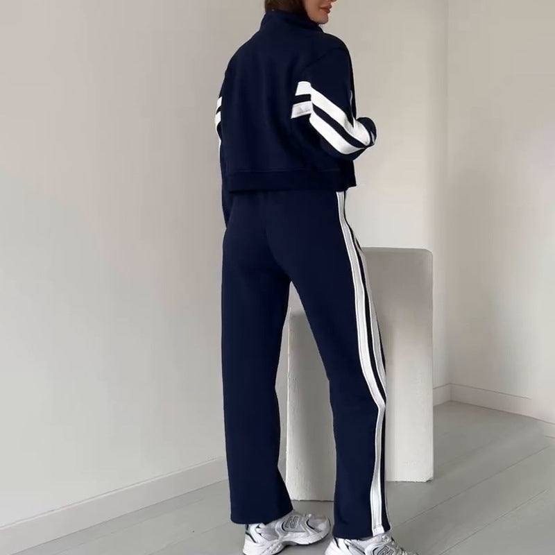 Women's Striped Casual Zip-Up 2-Piece Sweatsuit