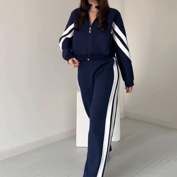 Women's Striped Casual Zip-Up 2-Piece Sweatsuit