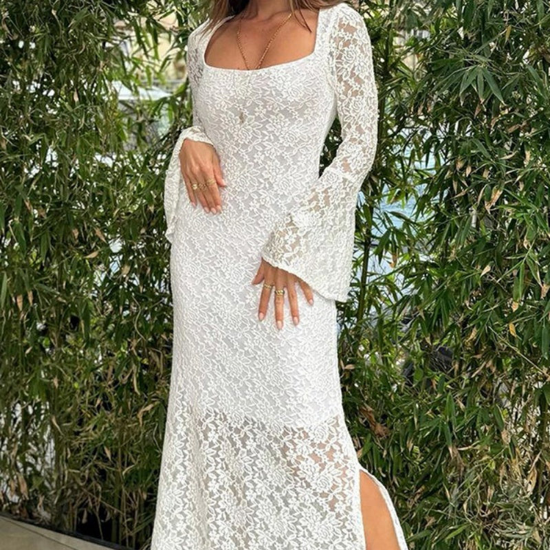 Lace Flared Sleeves Split Hem Waisted Dress