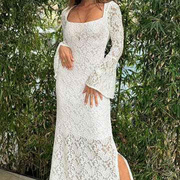 Lace Flared Sleeves Split Hem Waisted Dress