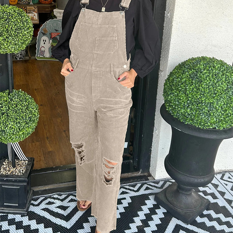 Women's Fashion Corduroy Holey Overalls