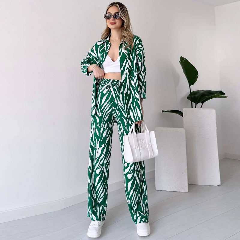 Chic Women's Zebra Print Shirt & Pants Set