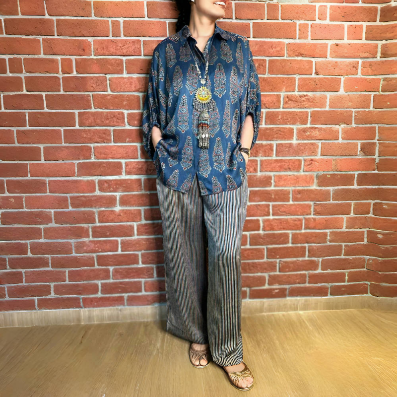 Loose Casual Printed Shirt and Striped Wide Leg Pants Set