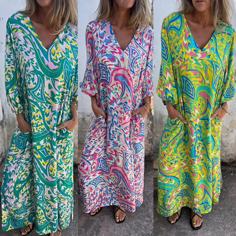 Women's Bohemian V-Neck Abstract Printed Maxi Dress
