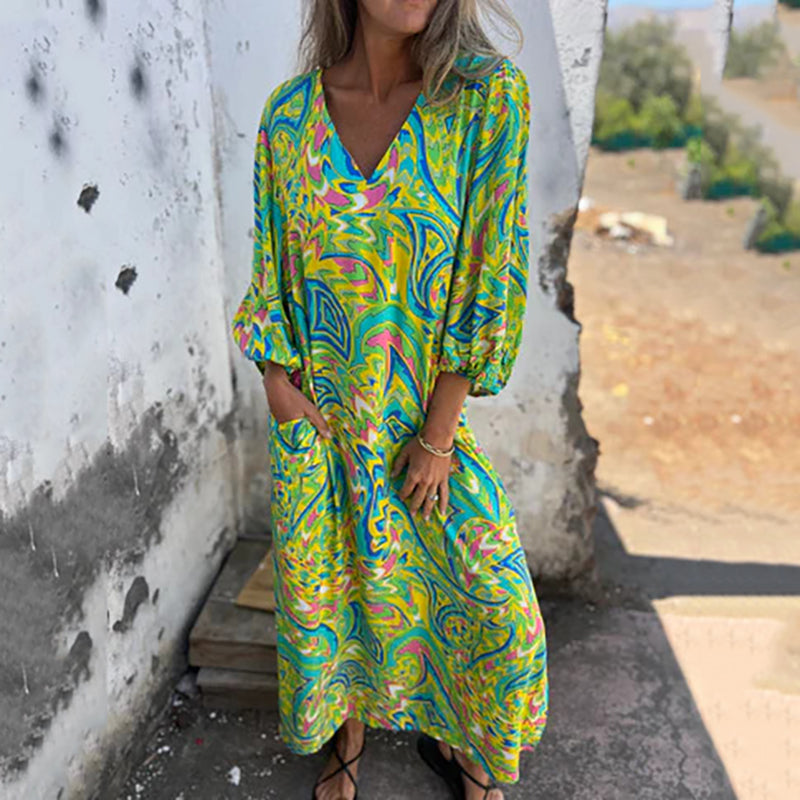 Women's Bohemian V-Neck Abstract Printed Maxi Dress