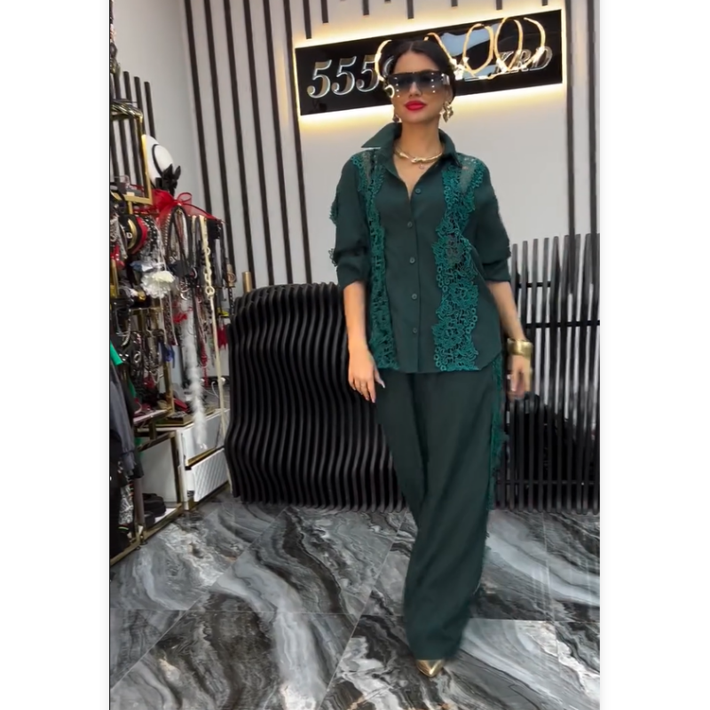 Chic Lace Patchwork Shirt & Wide-Leg Pants (2-PCS Set)
