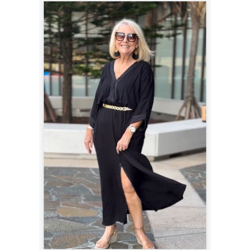Elegant V-neck Split Maxi Dress with Belt