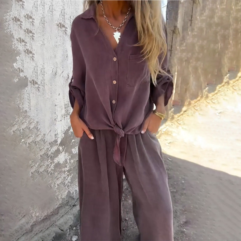 Women's Fashion Loose Button Top & Pants (2 Piece Set)