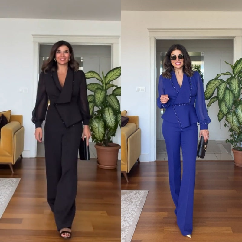 Elegant Black Beaded Top & Wide-Leg Pants (2 PCS Set)