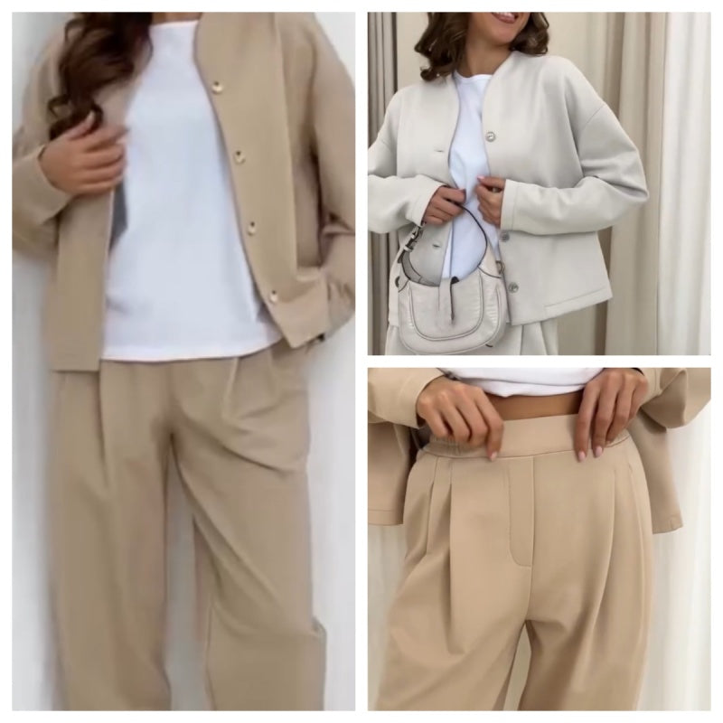 Solid Color Button Front Jacket & Pants Set