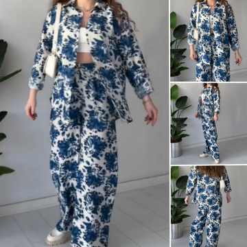 Printed Set Lapel Shirt & Wide Leg Pants