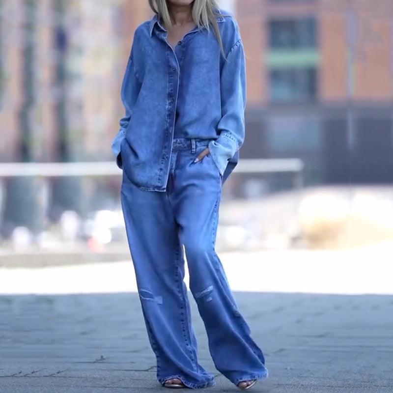 Women’s Casual Relaxed Fit Denim Shirt and Wide-Leg Pant Set