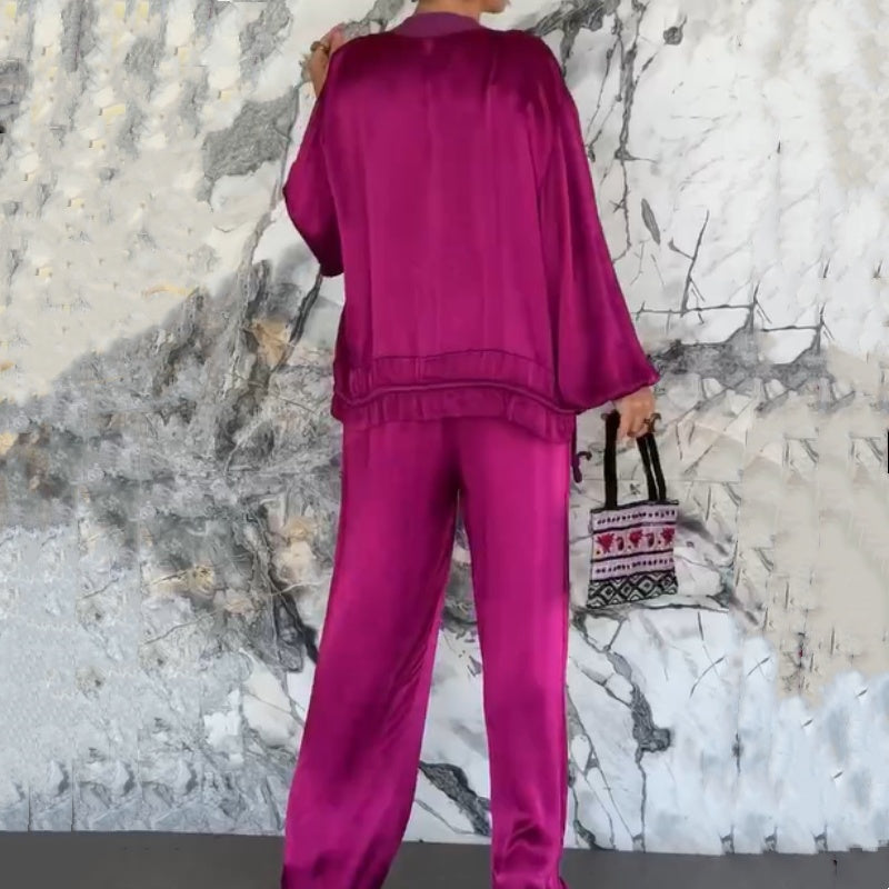 Women's Round Neck Satin Zipper Casual (2-Piece Suit)