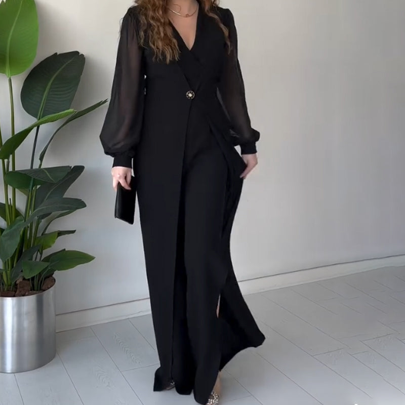 V-neck Long Sleeve Slit Maxi Dress