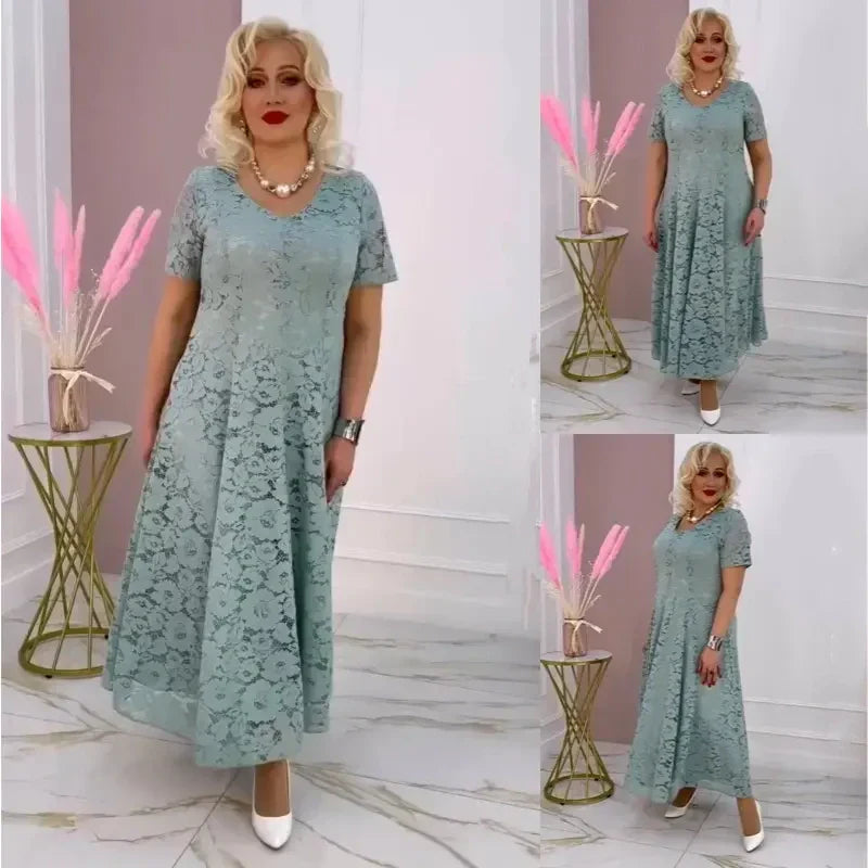 Women's V-Neck Floral Lace Hollow-Out Midi Dress