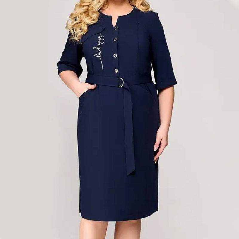 Women's Casual Solid Half-Button Belted Dress