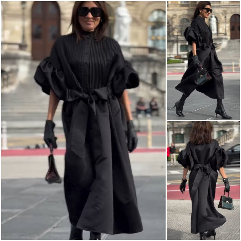 Women's Elegant Solid Bow Flower Sleeve Dress
