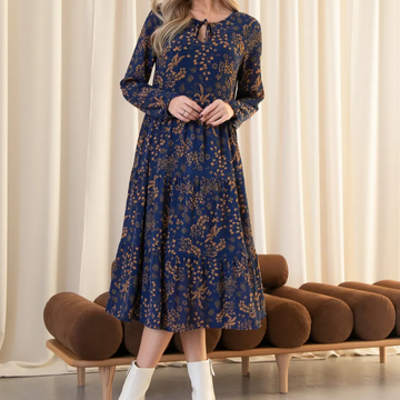 Long Sleeve Printed Round Neck Dress