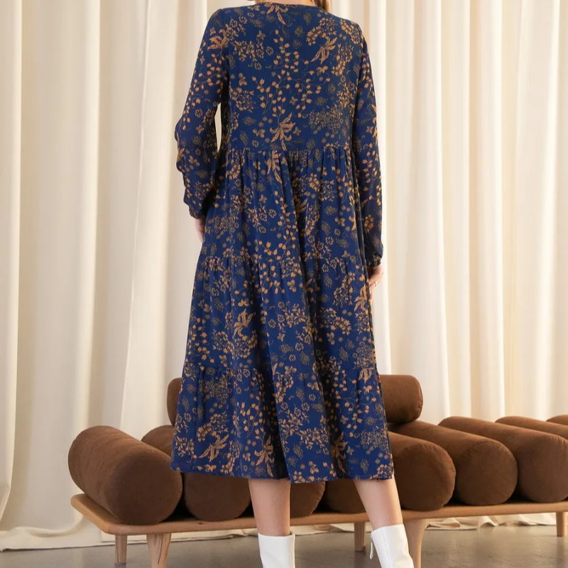Long Sleeve Printed Round Neck Dress