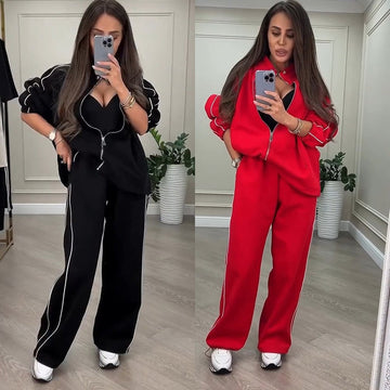 Women’s Striped Zipper Coat ＆ Pants (2-Piece Set)
