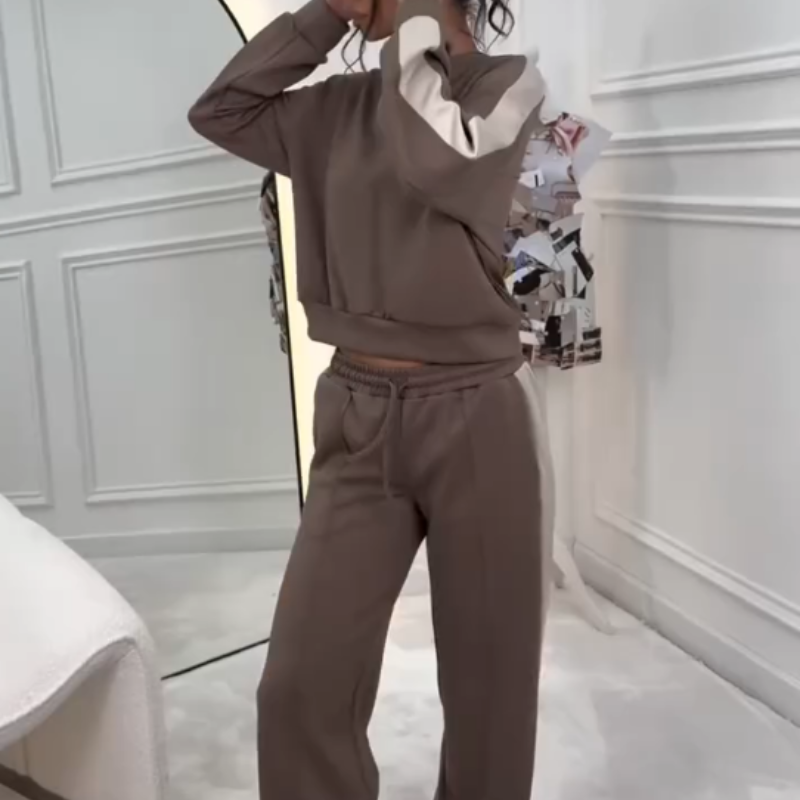 Casual Crew Neck Top & Drawstring Pants 2-Piece Set