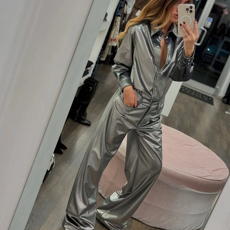 Women’s Trendy Silver Long Sleeve Shirt & Pants Two-Piece Set