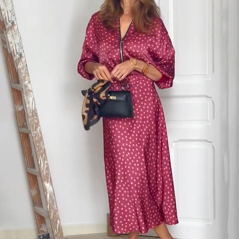 Women's 2-Piece Polka Dot Outfit Zip-Up Top & Midi Skirt