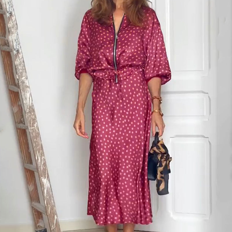 Women's 2-Piece Polka Dot Outfit Zip-Up Top & Midi Skirt