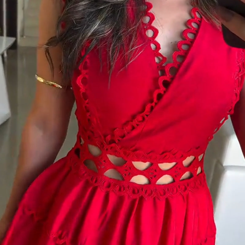 Solid Color V-Neck Sleeveless Openwork Design Dress