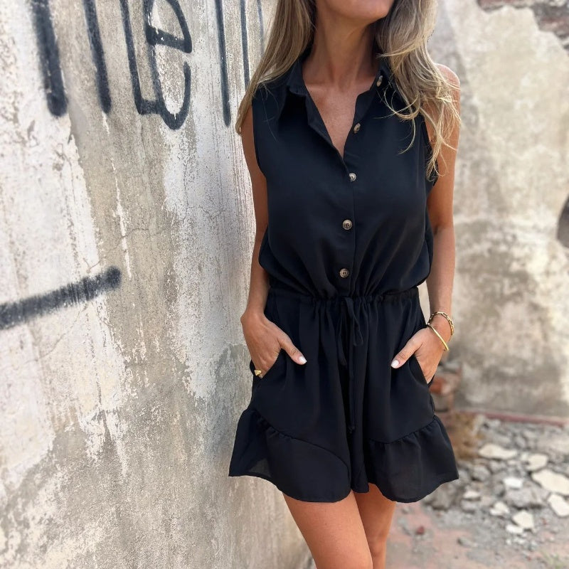 Women’s Belted Button-Down Rompers with Pockets