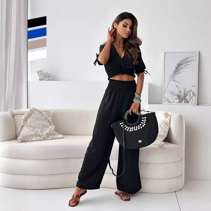 Deep V Neck Tied Front Crop Tops & Wide Leg Pant Sets