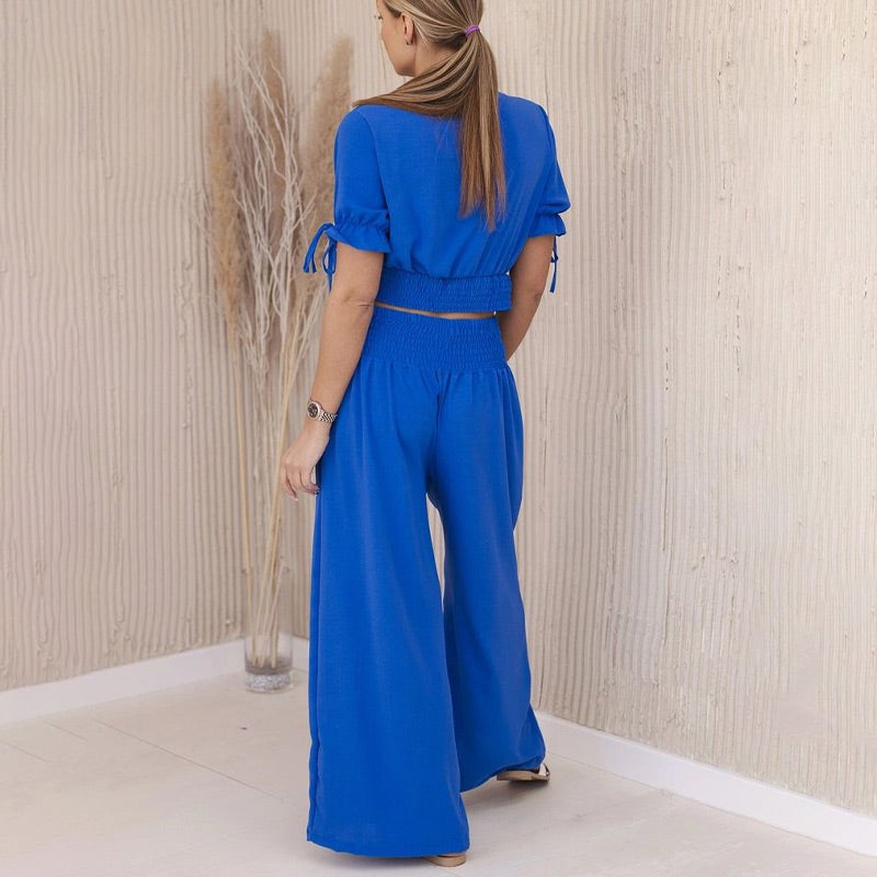 Deep V Neck Tied Front Crop Tops & Wide Leg Pant Sets
