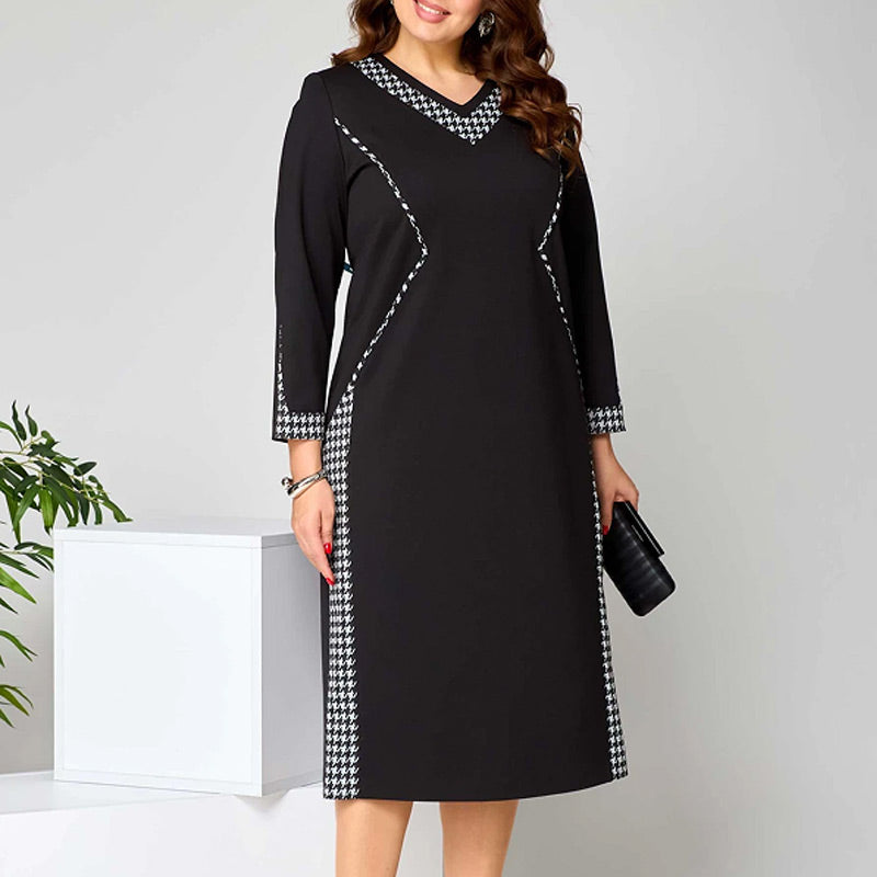 Women's Elegant Black Midi Dress with Houndstooth Trim