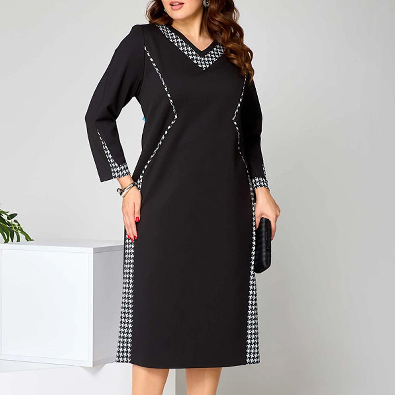 Women's Elegant Black Midi Dress with Houndstooth Trim