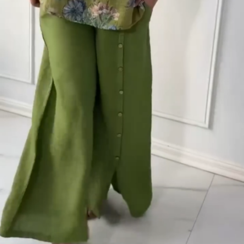 Floral Button-Down Tops ＆ Wide-Leg Pants Two-Piece Set