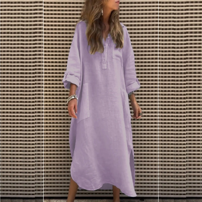 Women’s Casual Solid Color Long Sleeve Dress with Pockets