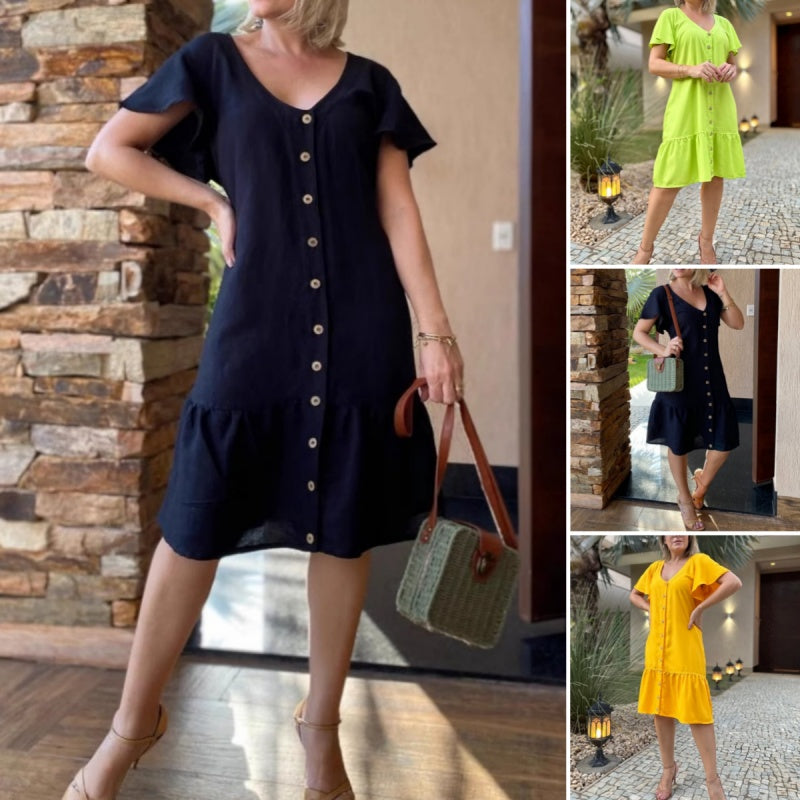 Women's Fashion Solid Color V-Neck Button Loose Dresses