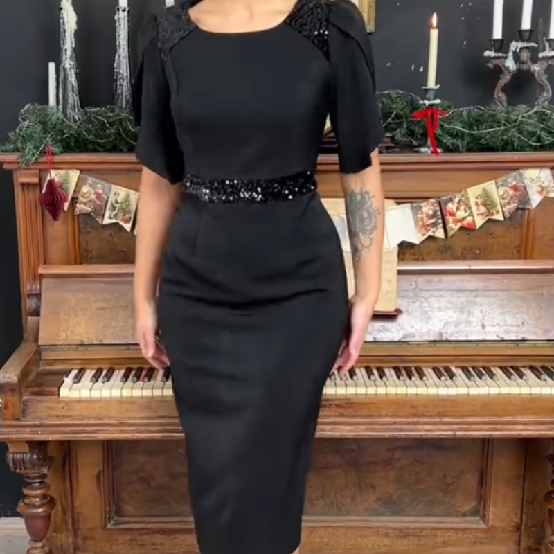 Elegant Waist Cinching Sequin Trim Slim Dress