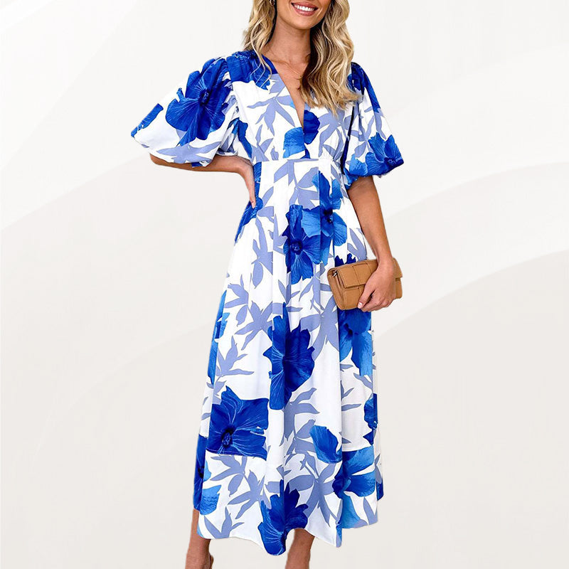 Floral Puff Sleeve A-Line Maxi Dress