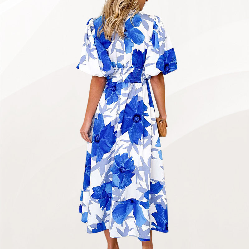 Floral Puff Sleeve A-Line Maxi Dress