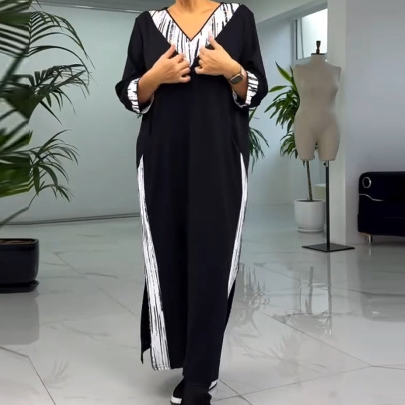 Women's V-Neck Contrast Color Ankle Length Dress